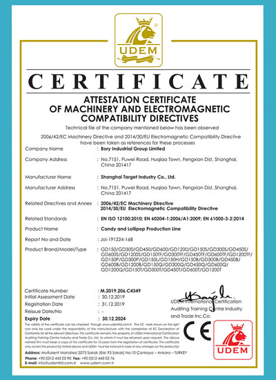 Certificat CE pour la ligne de production de bonbons et de sucettes 