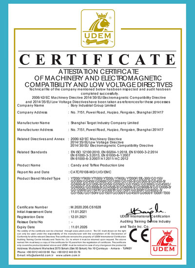 Certificat CE pour la ligne de production de bonbons et de caramels 